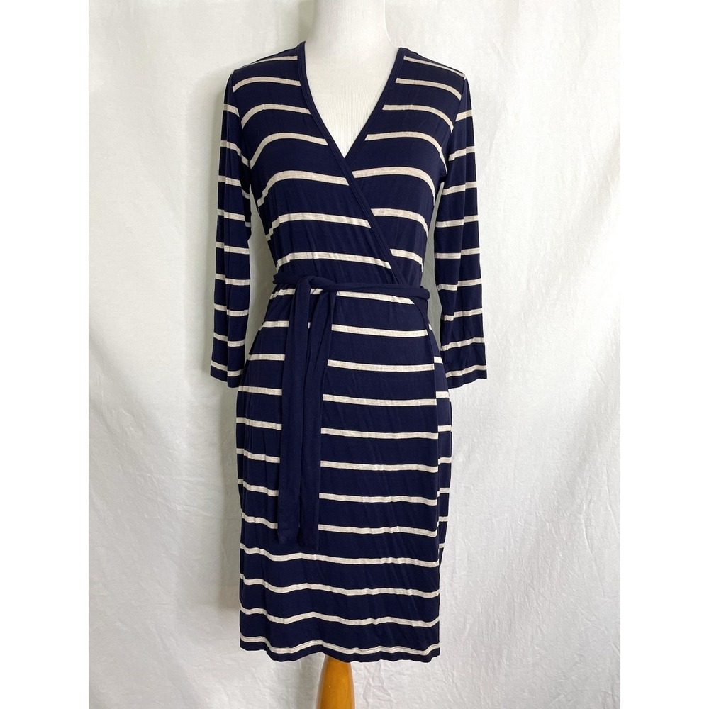 Calvin Klein Wrap Front Dress Womens 8 Navy Blue Striped Stretch Classic Office